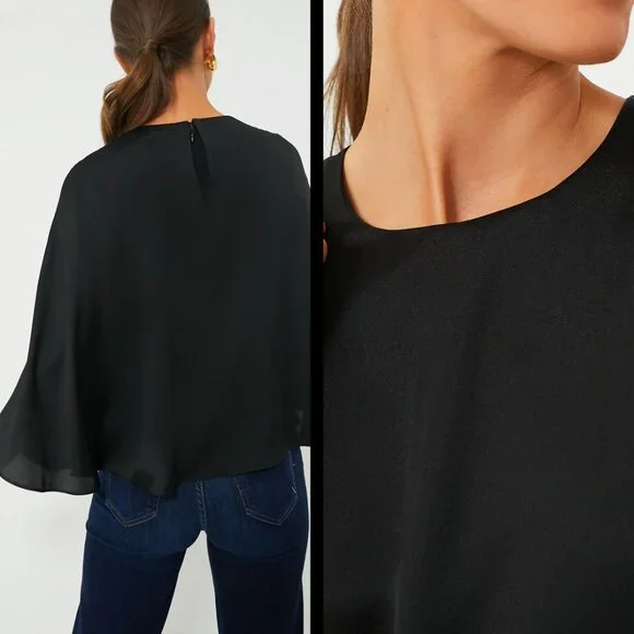 Tuckernuck NEW Black Selma Satin Twill Cape Flowy Round Neck Blouse Top Size M - Picture 3 of 8